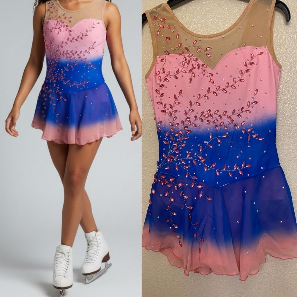 Custom solo dance ice skating ballet costume blue pink ombre stoned dress SA